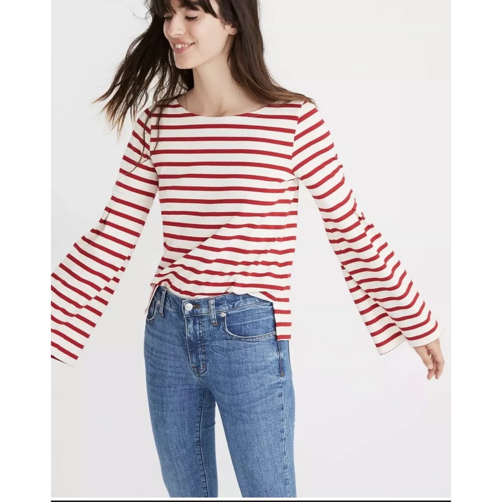Madewell X Armor Lux Flare Sleeve Top Striped Women’s Sz M Red Stripe France.